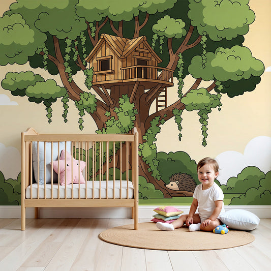 Kids-Mundo treehouse wall mural with a cosy wooden treehouse printed in a nursery