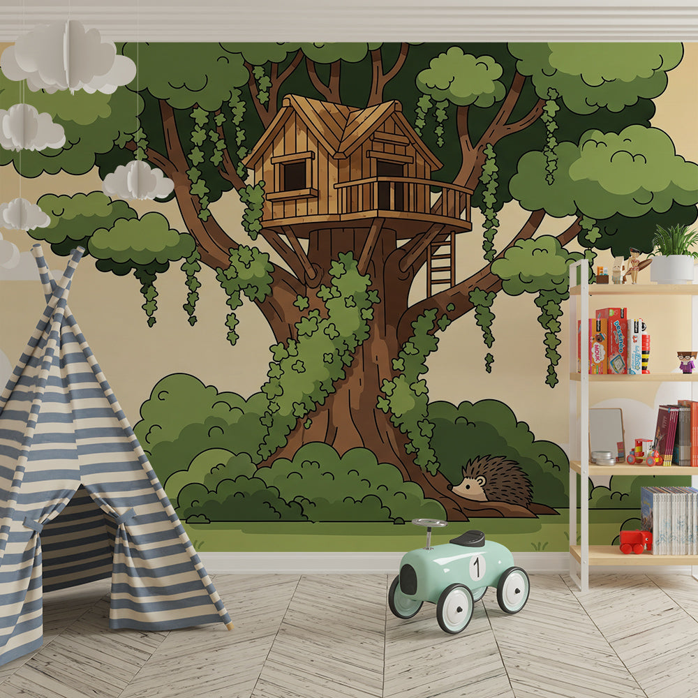Kids-Mundo treehouse wall mural adding a warm woodland adventure scene to a playroom