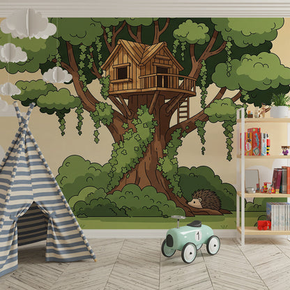 Kids-Mundo treehouse wall mural adding a warm woodland adventure scene to a playroom