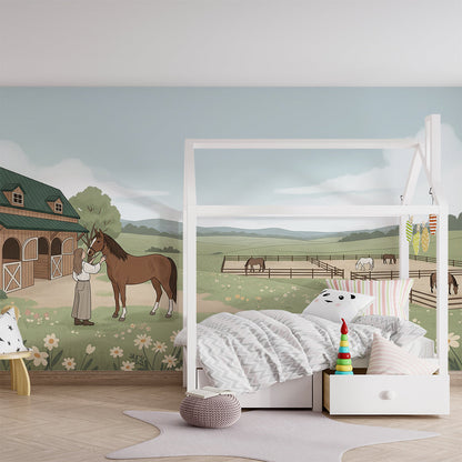 Kids-Mundo countryside horse mural on a feature wall in a soft green kids bedroom