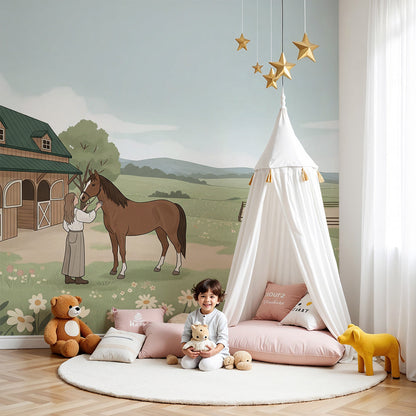 Kids-Mundo farm wall mural with horses above a cot in a calm country-style nursery
