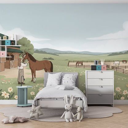 Kids-Mundo farm and horse mural filling a playroom wall with meadow scenery