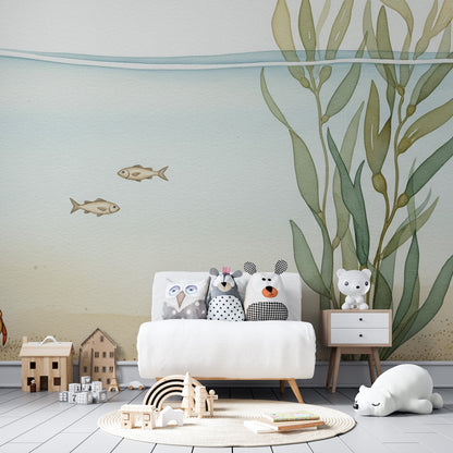 Kids-Mundo crab and fish wall mural bringing a gentle seaside scene to a kids bedroom.