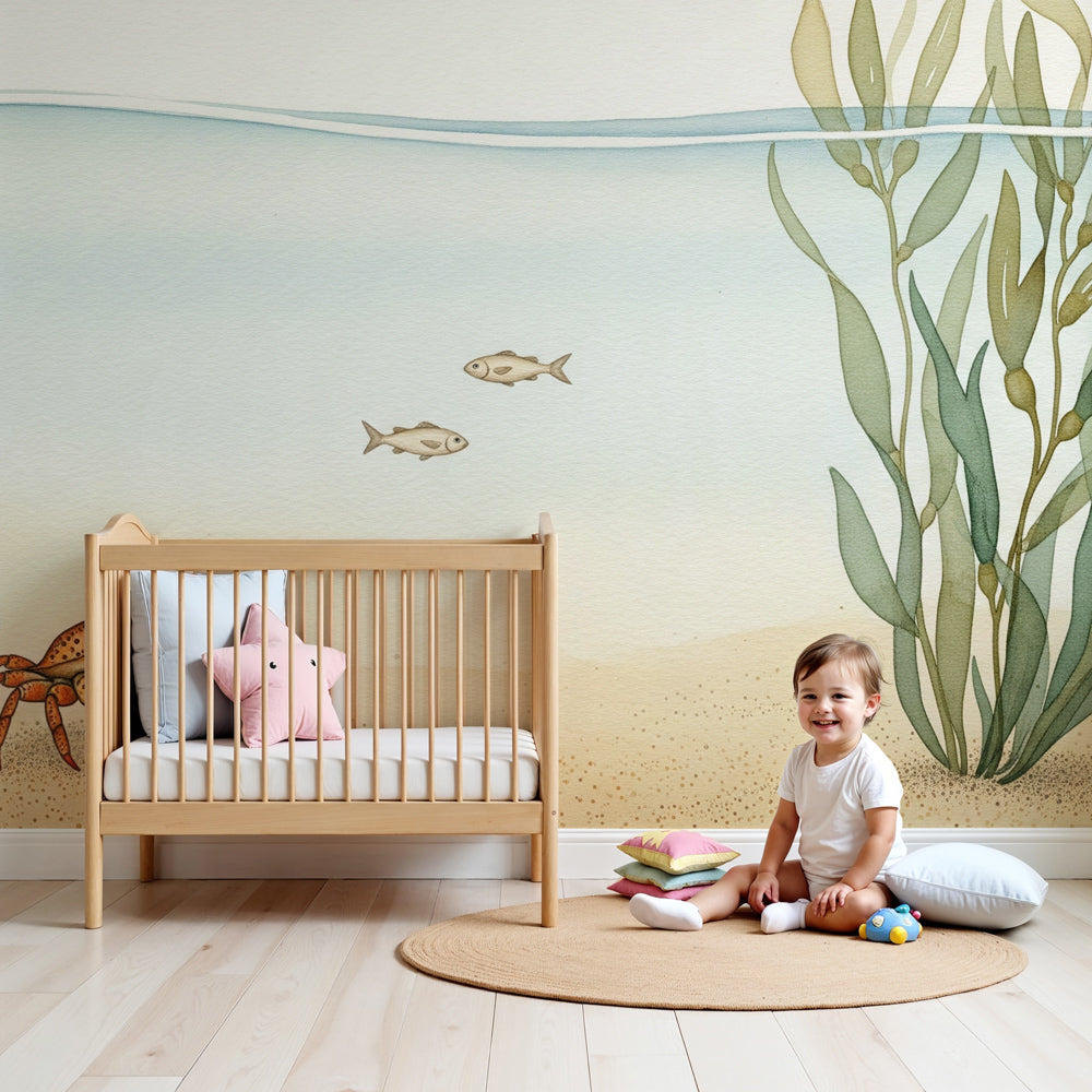 Little crab and fish wall mural by Kids-Mundo styled in a calm, sandy-toned nursery.