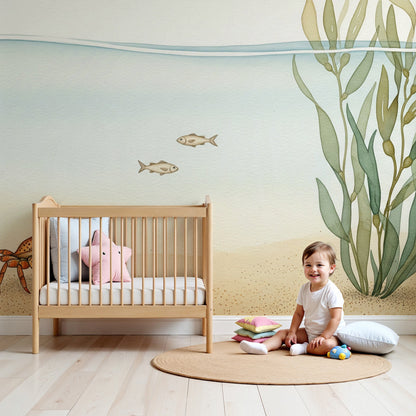 Little crab and fish wall mural by Kids-Mundo styled in a calm, sandy-toned nursery.