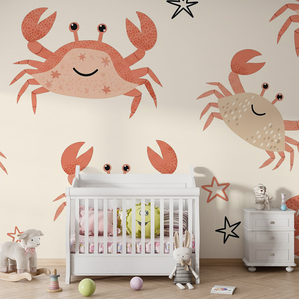 Kids-Mundo cheerful crab wall mural covering a feature wall in a coastal-themed kids' bedroom