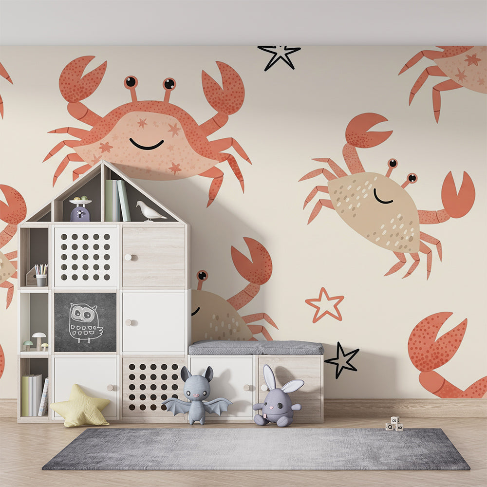 Kids-Mundo crab and starfish pattern wall mural brightening a bright, playful children's playroom