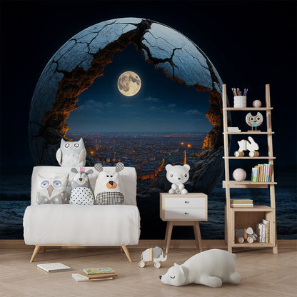 Kids-Mundo cracked moon wall mural revealing a night city on a feature wall in a kids' bedroom