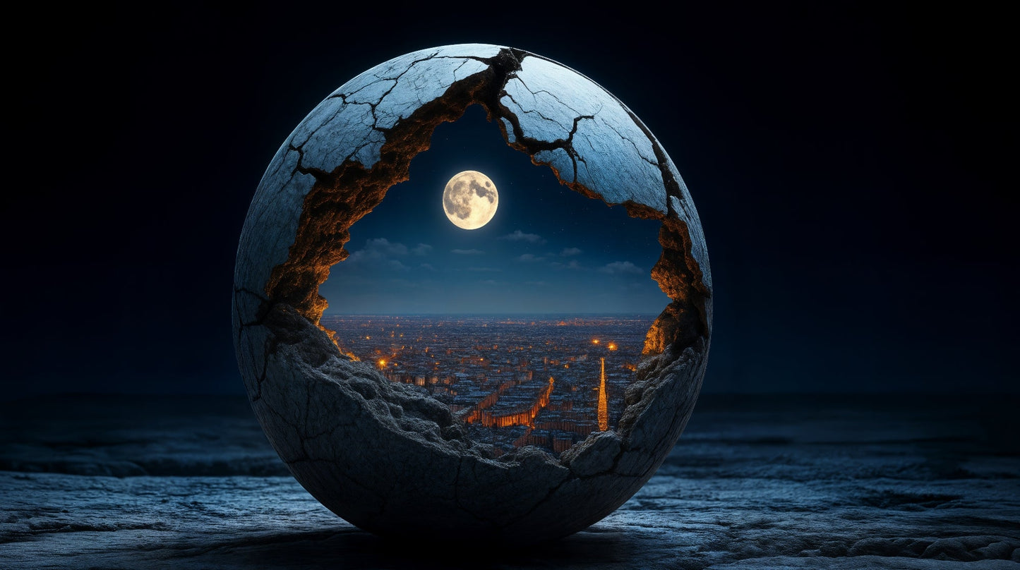 Kids-Mundo flat artwork of a cracked stone moon sphere revealing a full moon over a night city