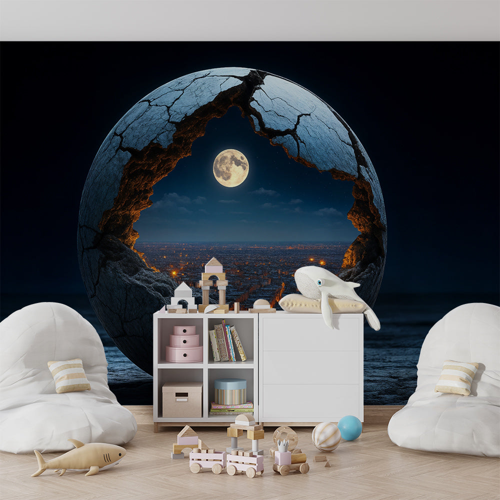 Kids-Mundo cracked moon and city wall mural adding a mysterious touch to a children's playroom