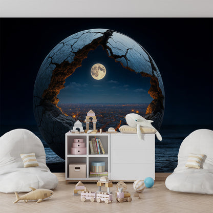 Kids-Mundo cracked moon and city wall mural adding a mysterious touch to a children's playroom