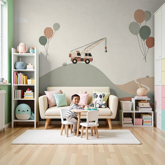 Kids-Mundo crane truck wall mural with balloons styled in a soft-toned nursery