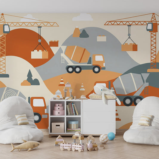 Kids-Mundo cement mixer and crane mural covering a feature wall in a kids' bedroom