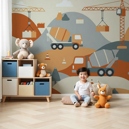 Kids-Mundo cranes and cement mixer truck wall mural styled in a warm terracotta nursery