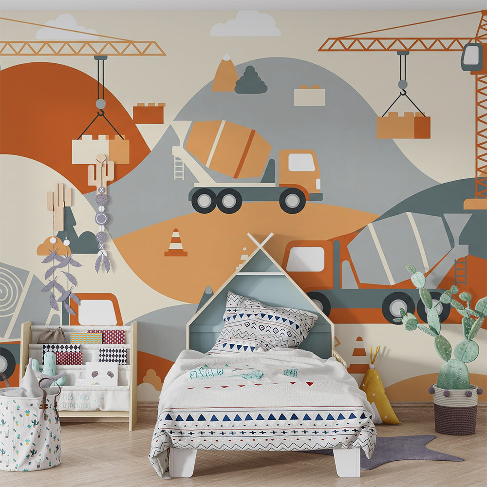 Kids-Mundo cranes and truck wall mural bringing a busy building site to a playroom