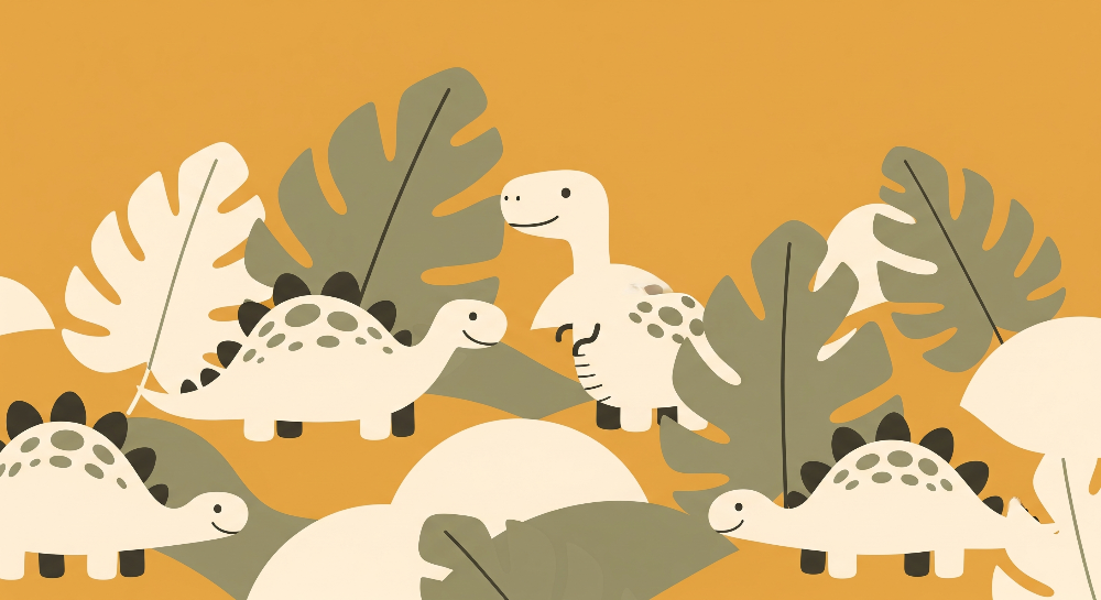 Cream Dinosaurs Among Tropical Leaves Wall Mural
