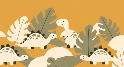 Flat artwork of the Kids-Mundo cream dinosaur tropical leaves wall mural design on burnt orange