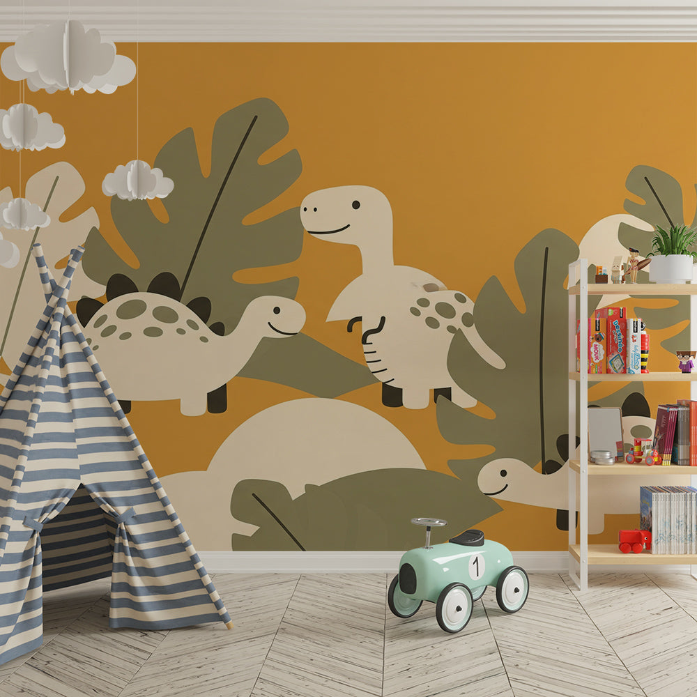 Kids-Mundo tropical leaf dinosaur mural covering a playroom wall with toy bins