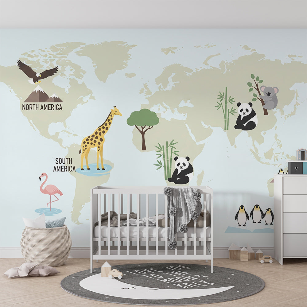 Kids-Mundo cream world map mural with flamingo and panda in a kids bedroom