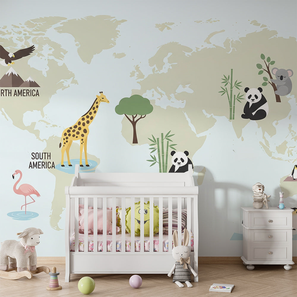 Kids-Mundo cream world map mural with penguins and koala in a children's playroom