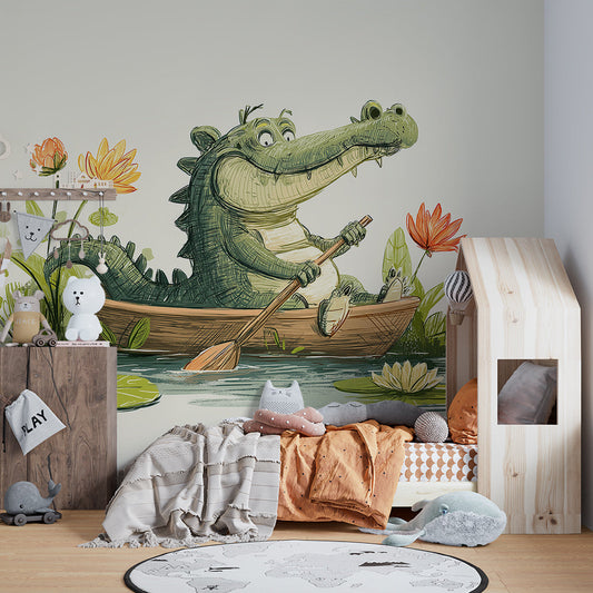 Kids-Mundo crocodile in a canoe wall mural covering a feature wall in a kids bedroom.