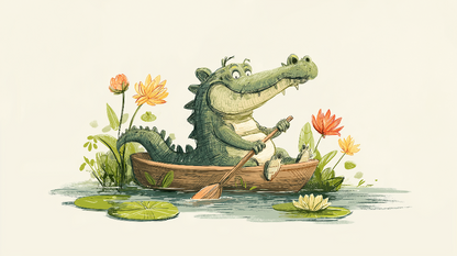 Kids-Mundo flat artwork of a smiling crocodile rowing a canoe among lily pads and flowers.