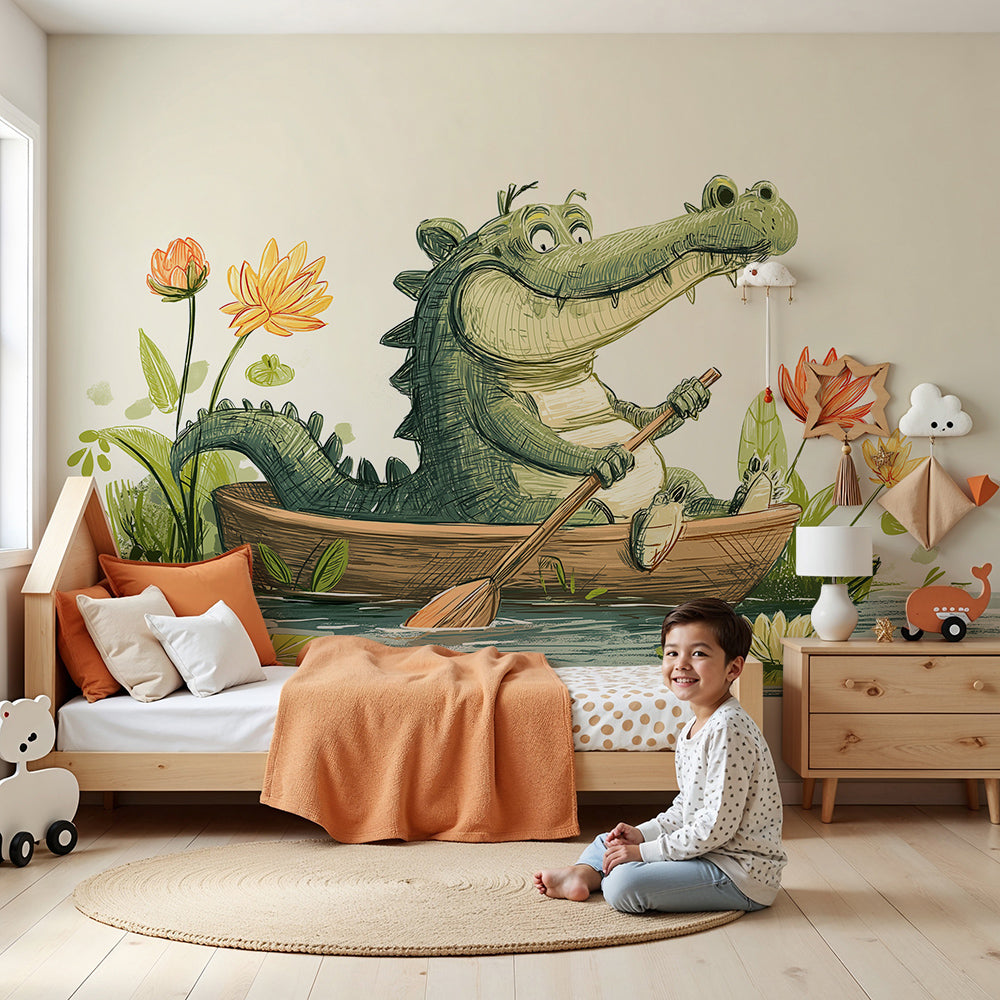 Kids-Mundo crocodile canoe wall mural styled behind a cot in a fresh, playful nursery.