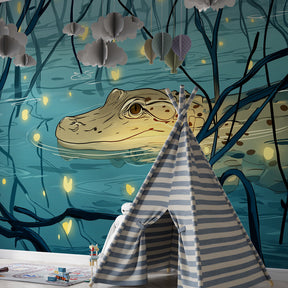 Aquatic crocodile mural wallpaper transforming children's bedroom into mystical wetland by Kids-Mundo