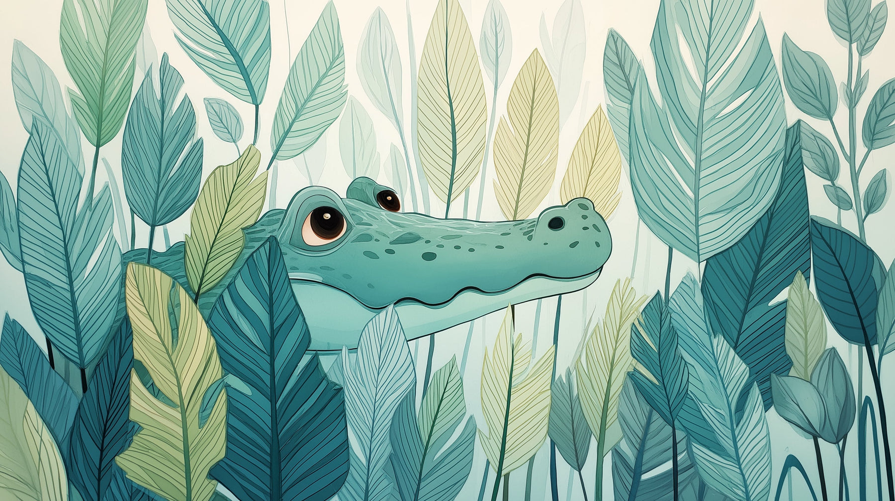 Detailed crocodile and foliage mural wallpaper design pattern by Kids-Mundo for children's rooms
