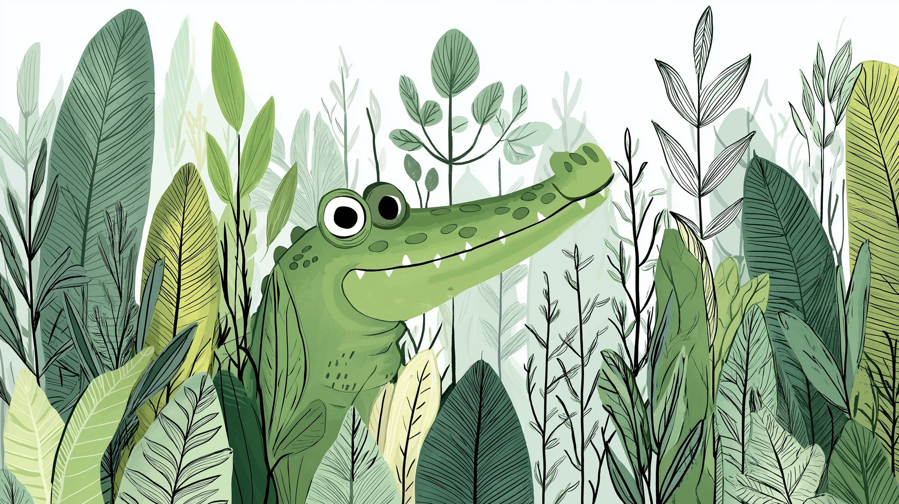 Detailed crocodile and tropical leaves mural wallpaper design pattern by Kids-Mundo