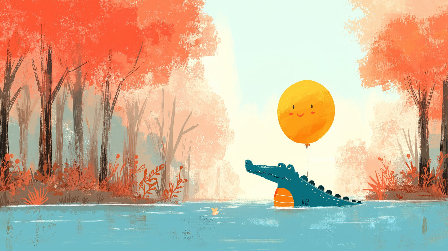 Detailed crocodile with sun balloon mural wallpaper design pattern showing autumn lake scene by Kids-Mundo