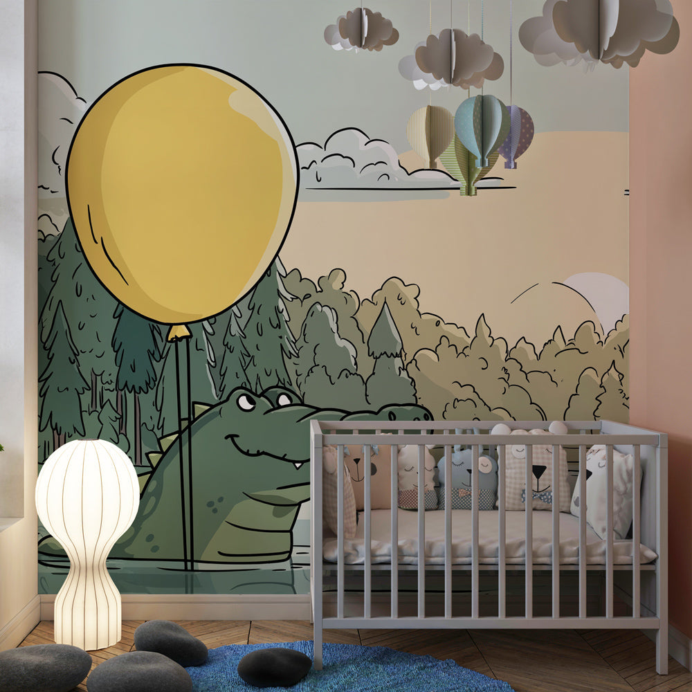 Peaceful forest crocodile wallpaper with natural tones in toddler room setting