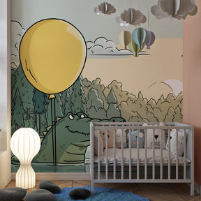 Peaceful forest crocodile wallpaper with natural tones in toddler room setting