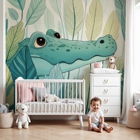 Crocodile mural wallpaper creating playful jungle atmosphere in modern kids nursery by Kids-Mundo