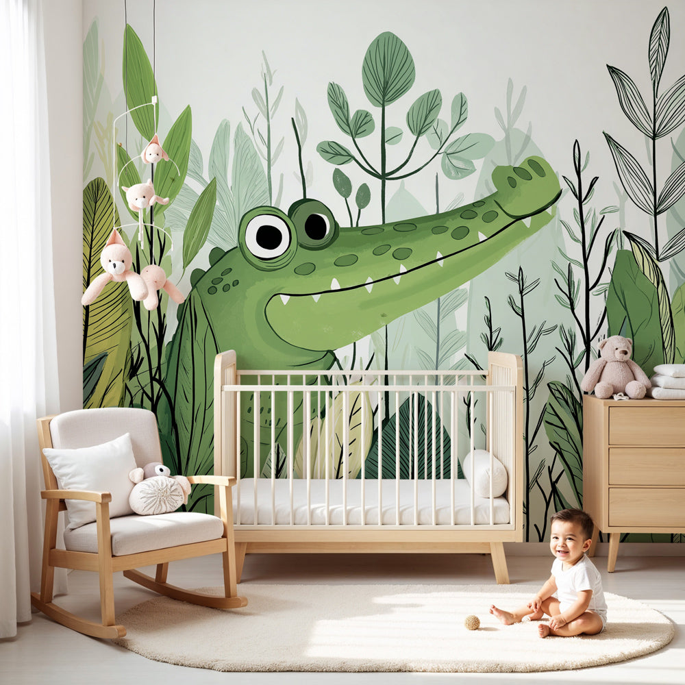 Friendly crocodile mural wallpaper creating tropical jungle atmosphere in modern nursery by Kids-Mundo