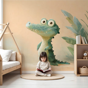 Smiling crocodile mural wallpaper creating cheerful jungle atmosphere in modern nursery by Kids-Mundo