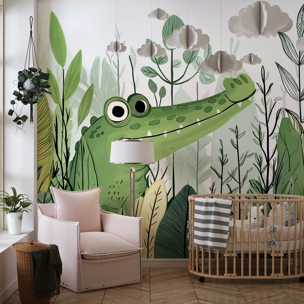Tropical crocodile wallpaper with lush green foliage decorating children's bedroom wall