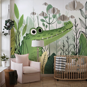 Tropical crocodile wallpaper with lush green foliage decorating children's bedroom wall