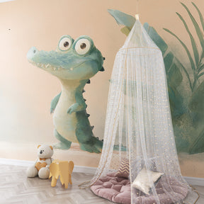 Friendly crocodile jungle wallpaper decorating cozy children's bedroom with tropical theme