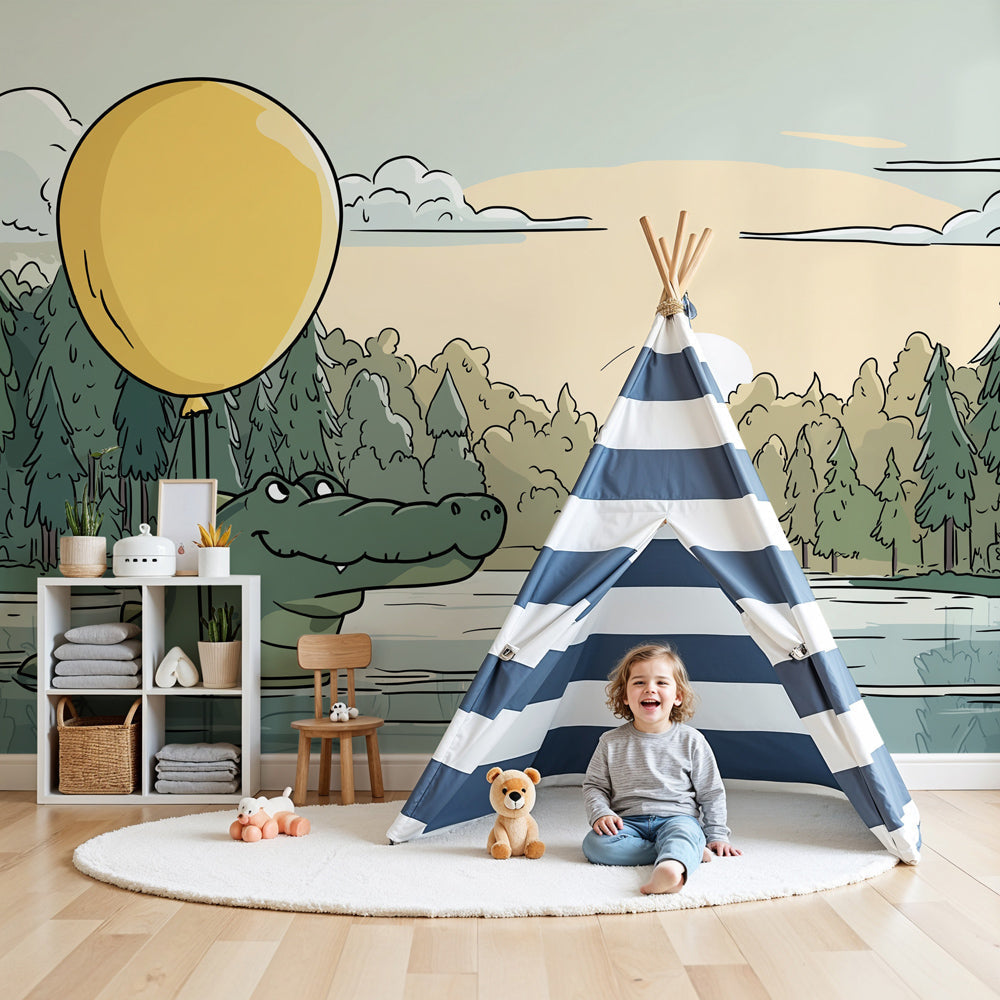 Crocodile mural wallpaper with yellow balloon in modern nursery room by Kids-Mundo