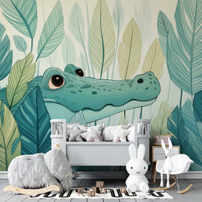 Jungle theme crocodile wallpaper transforming kids playroom into nature adventure space