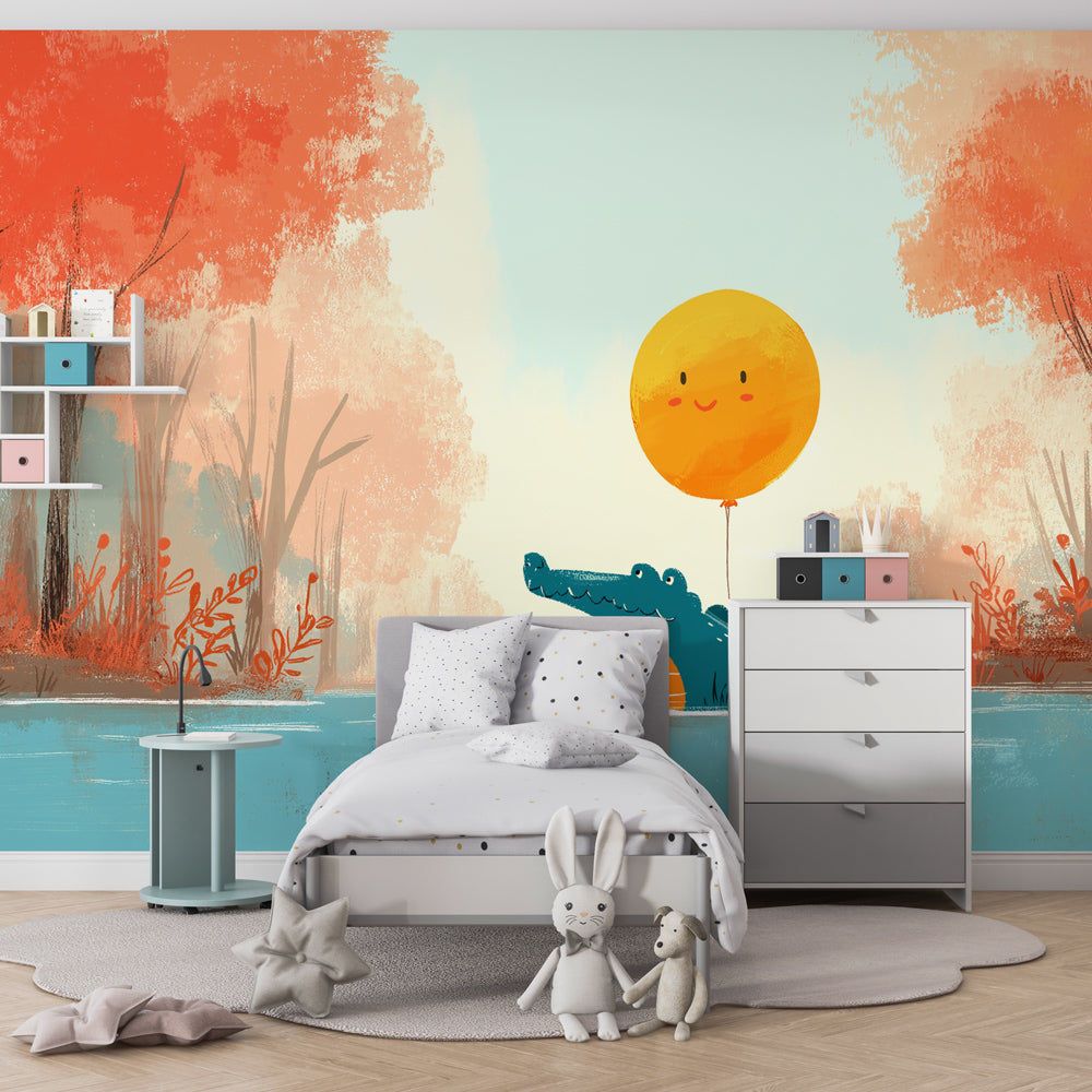 Whimsical crocodile animal wallpaper transforming kids playroom with autumn forest lake scene