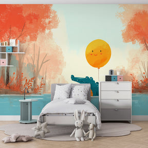 Whimsical crocodile animal wallpaper transforming kids playroom with autumn forest lake scene