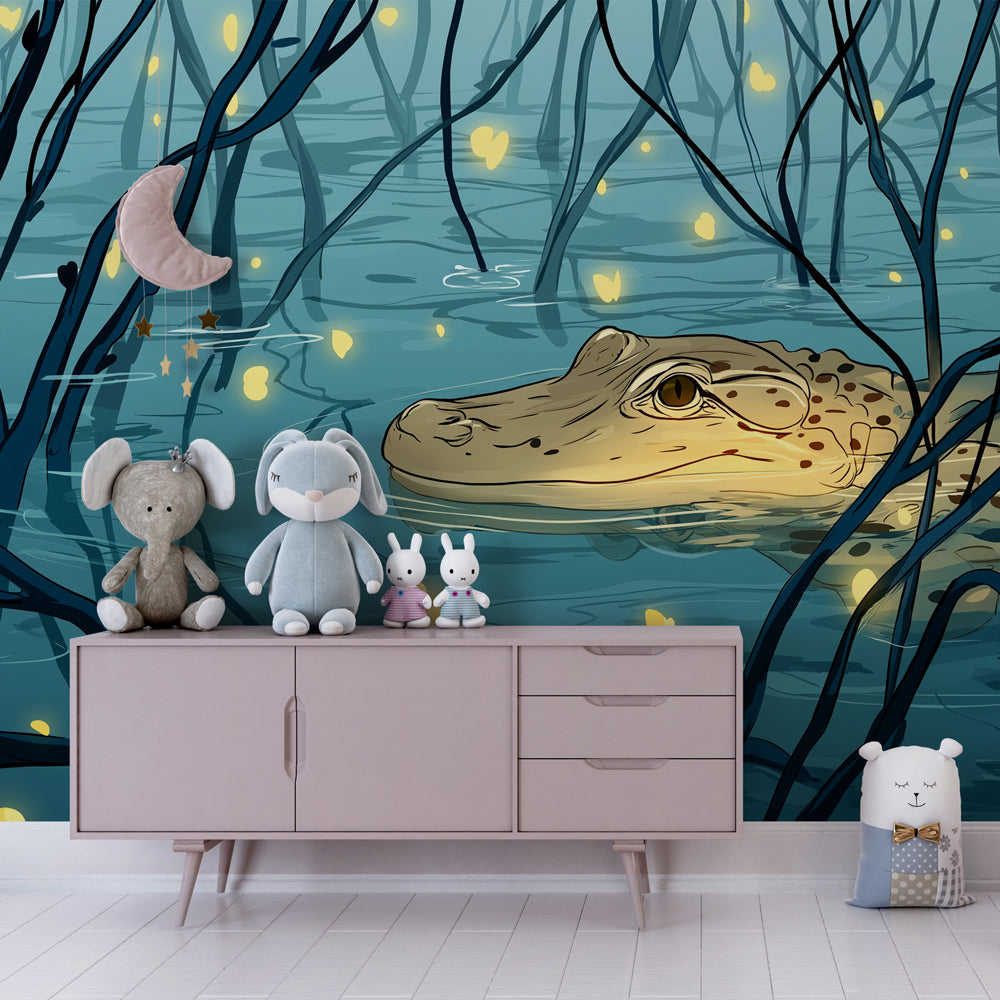Magical fireflies and crocodile wallpaper creating enchanting playroom atmosphere by Kids-Mundo