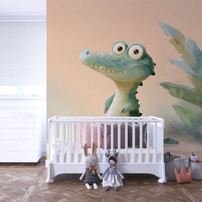 Adorable crocodile mural wallpaper bringing jungle adventure to bright kids playroom space