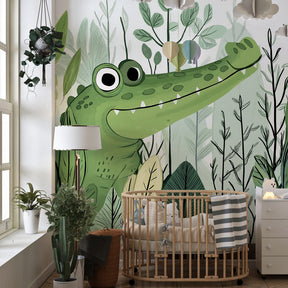 Jungle-themed crocodile mural wallpaper transforming kids playroom into adventure space