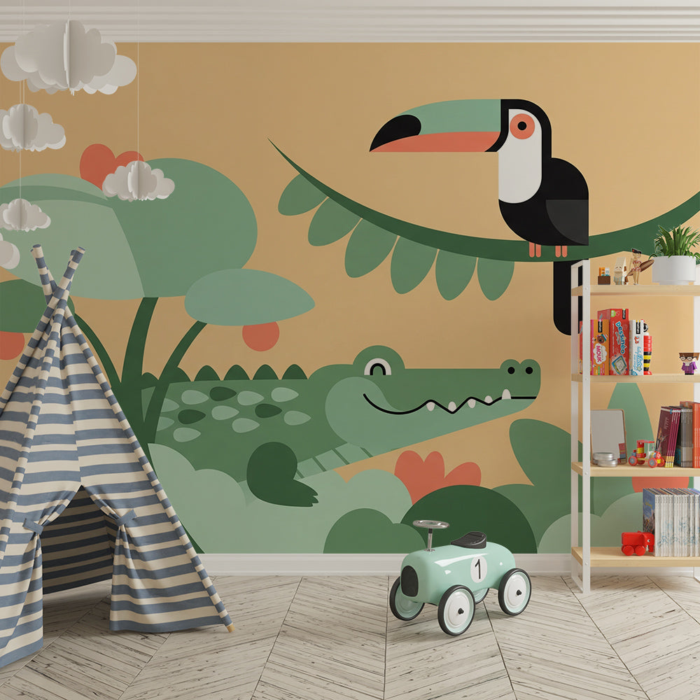 Kids-Mundo crocodile and toucan wall mural in a kids bedroom with bed and coral accents.