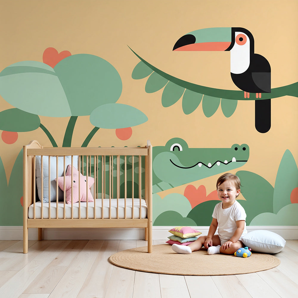 Kids-Mundo crocodile and toucan wall mural styled in a nursery with cot and playful mint decor.