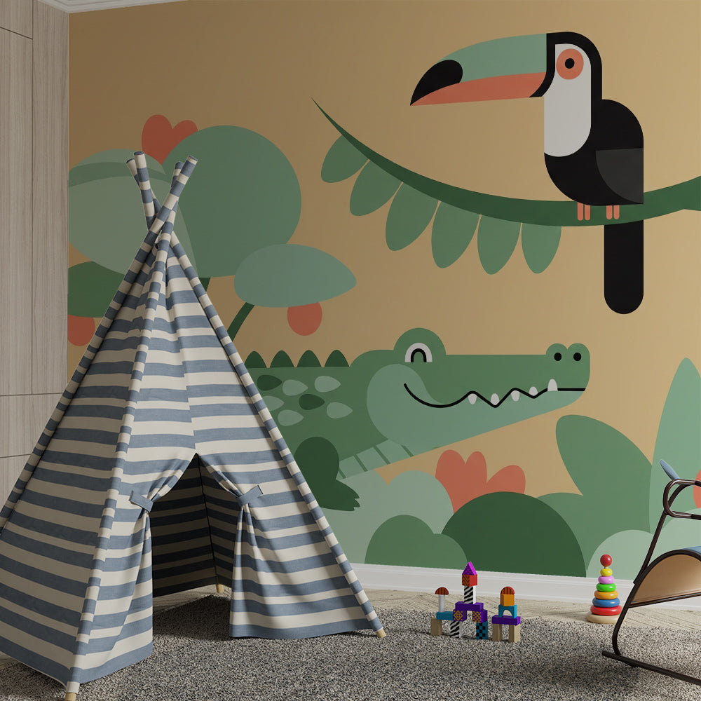 Kids-Mundo crocodile and toucan wall mural brightening a playroom with rug and toy storage.