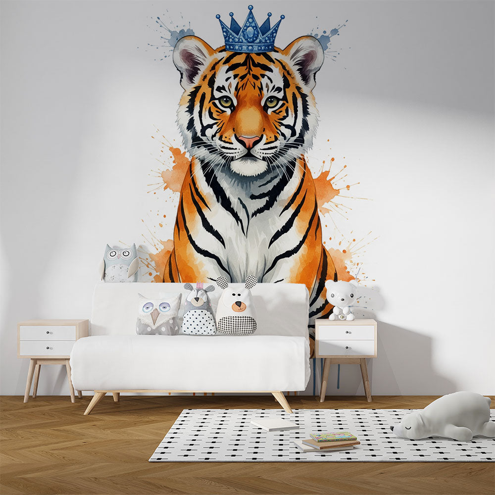 Kids-Mundo watercolour tiger mural with a blue crown styled in a child's bedroom